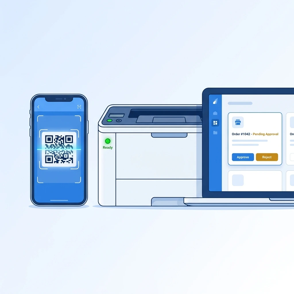 Illustration showing a smartphone scanning a QR code at a print shop, a laser printer, and a live order dashboard on a monitor with Approve and Reject buttons